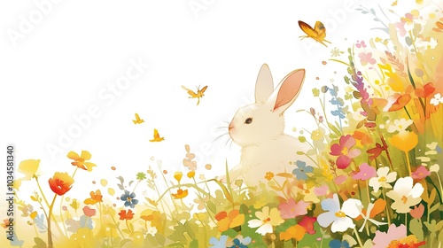 A white rabbit among colorful wildflowers in a vibrant garden during springtime, enhanced by fluttering butterflies, creating a joyful and serene atmosphere