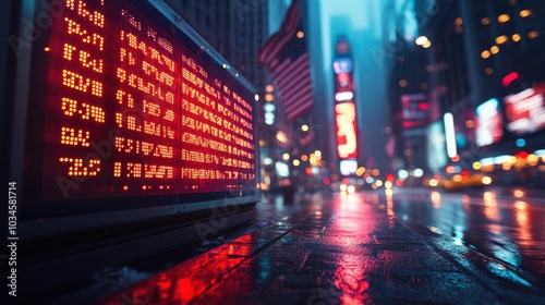 A vibrant view of Times Square illuminated by various digital displays, reflecting the bustling atmosphere during election night.
