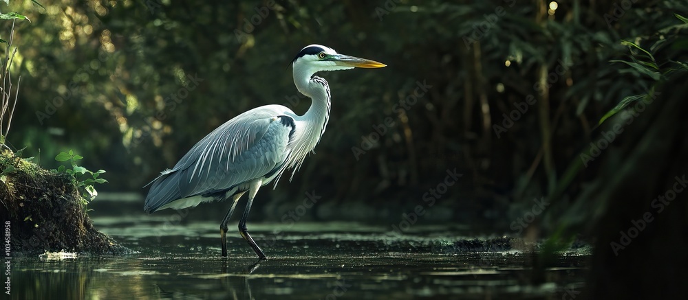 Naklejka premium Grey Heron in a Forest Stream
