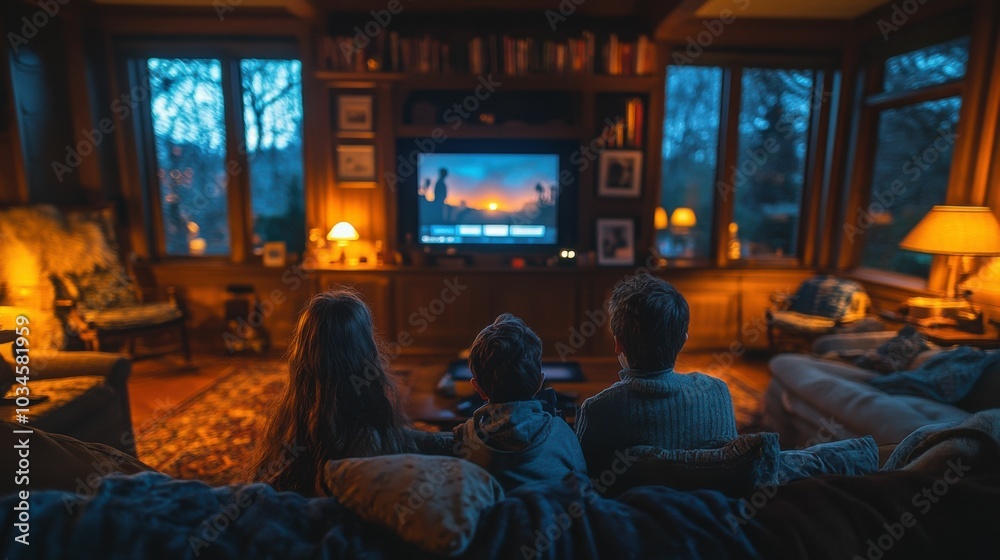 A diverse family watches election results on TV, seated together in a cozy living room with warm lighting and scenic views outside. A diverse family watches election results on TV, seated together in a cozy living room with warm lighting and scenic views outside.