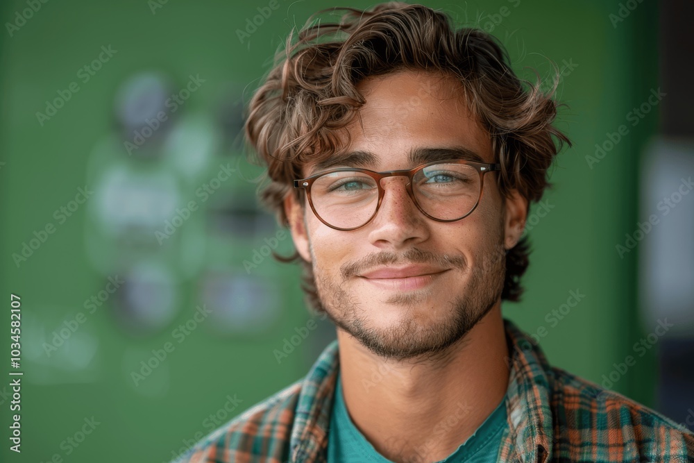 Smiling young man wearing glasses and turquoise shirt on green background Smiling young man wearing glasses and turquoise shirt on green background
