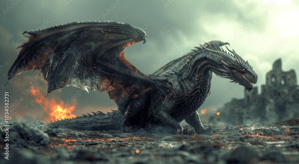 Epic Black Dragon Breathing Fire on Ancient Castle Ruins in Dark Fantasy Epic Black Dragon Breathing Fire on Ancient Castle Ruins in Dark Fantasy