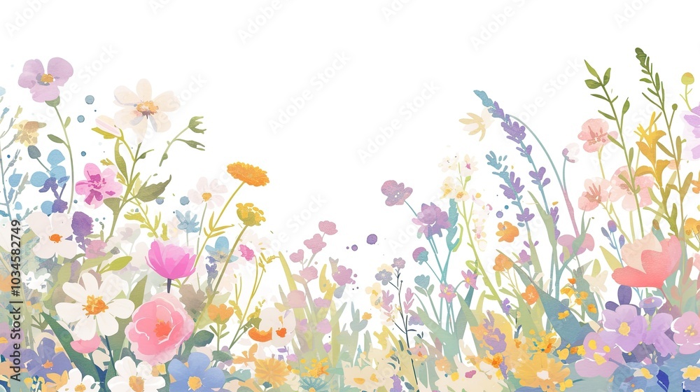 A vibrant meadow filled with a variety of colorful wildflowers, capturing the beauty of spring blooming in a natural setting under a clear sky A vibrant meadow filled with a variety of colorful wildflowers, capturing the beauty of spring blooming in a natural setting under a clear sky