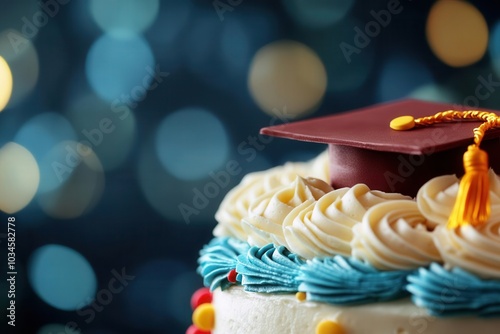 Closeup of a graduation cake decorated with cap and diploma designs, vibrant colors and playful details, festive and celebratory, perfect for graduation parties or events photo