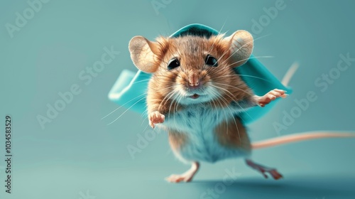 Adorable Superhero Mouse in Mask and Cape Flying on Blue Background photo