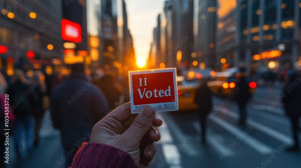 A hand holds an 'I Voted' sticker amidst a busy street in New York City during sunset, symbolizing civic engagement and participation in American elections. A hand holds an 'I Voted' sticker amidst a busy street in New York City during sunset, symbolizing civic engagement and participation in American elections.