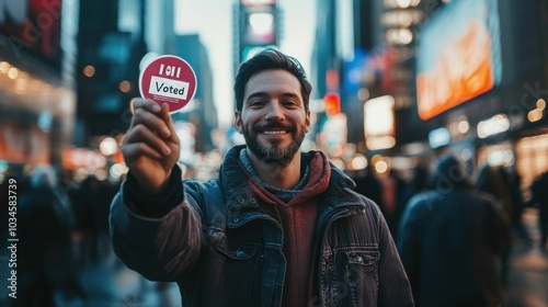 A young caucasian man proudly displays a 'I Voted' sticker in Times Square, New York, celebrating civic engagement and participation in elections. photo