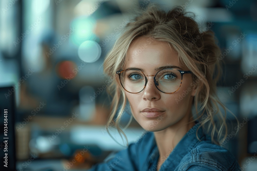Contemplative Businesswoman Working on Computer in Well-lit Office
