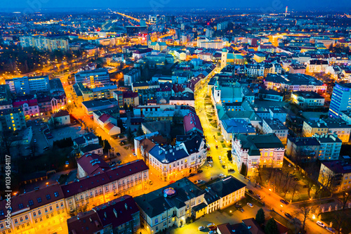 Picturesque aerial view of Polish city of Rzeszow at dusk in spring