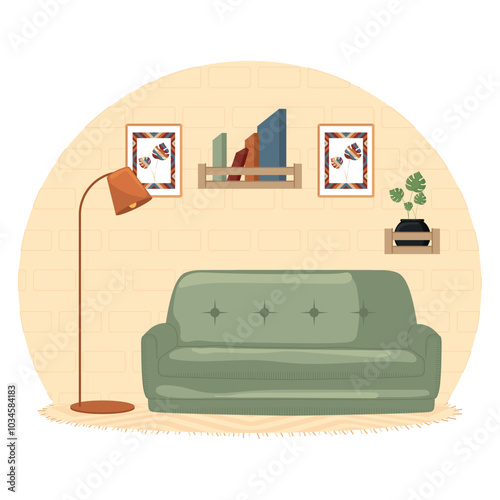 Cozy living room with green sofa and bookshelf, Vector