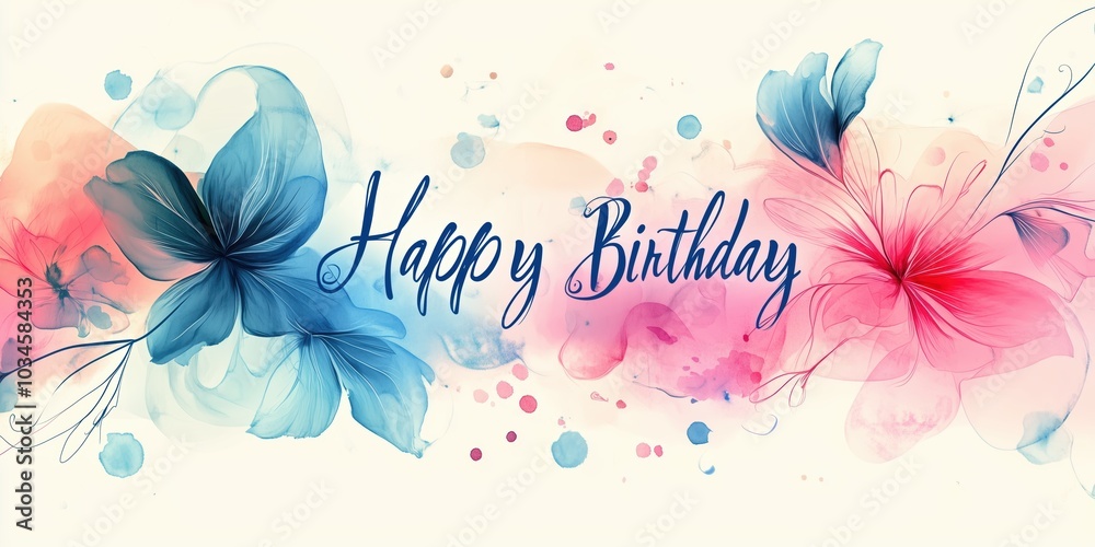 Elegant Happy Birthday message written in beautiful calligraphy with soft pink and blue floral design Elegant Happy Birthday message written in beautiful calligraphy with soft pink and blue floral design