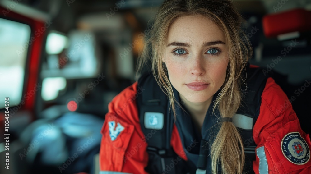 A dedicated young woman in rescue attire looks directly at the camera, showcasing her commitment to emergency services while surrounded by equipment in the vehicle. A dedicated young woman in rescue attire looks directly at the camera, showcasing her commitment to emergency services while surrounded by equipment in the vehicle.