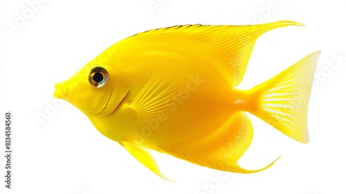 vibrant Yellow Tang displays its bright yellow coloration while swimming. Captured in high resolution it showcases the intricate details of this popular marine fish species.