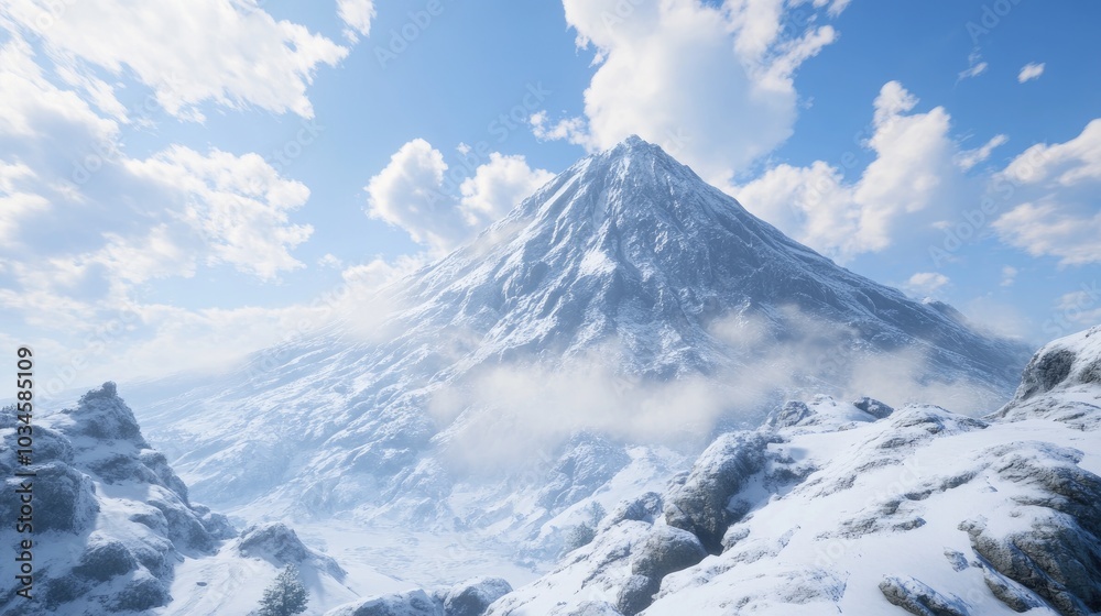 Snowy Mount Fuji Peak with Cloudy Sky View Snowy Mount Fuji Peak with Cloudy Sky View