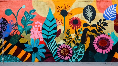 A colorful mural depicting a garden scene with stylized flowers and plants against an orange, yellow, and black backdrop.