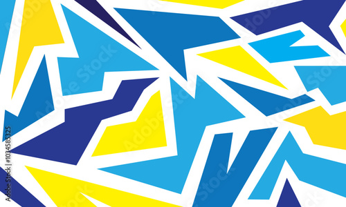 Abstract geometric pattern with sharp, angular shapes in blue, yellow, and white, background.