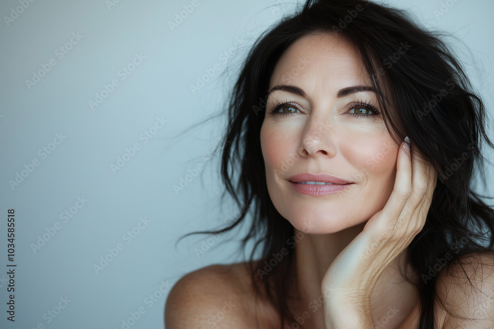 Beautiful middle age natural woman with perfect skin on neutral background with space for text, skincare concept Beautiful middle age natural woman with perfect skin on neutral background with space for text, skincare concept