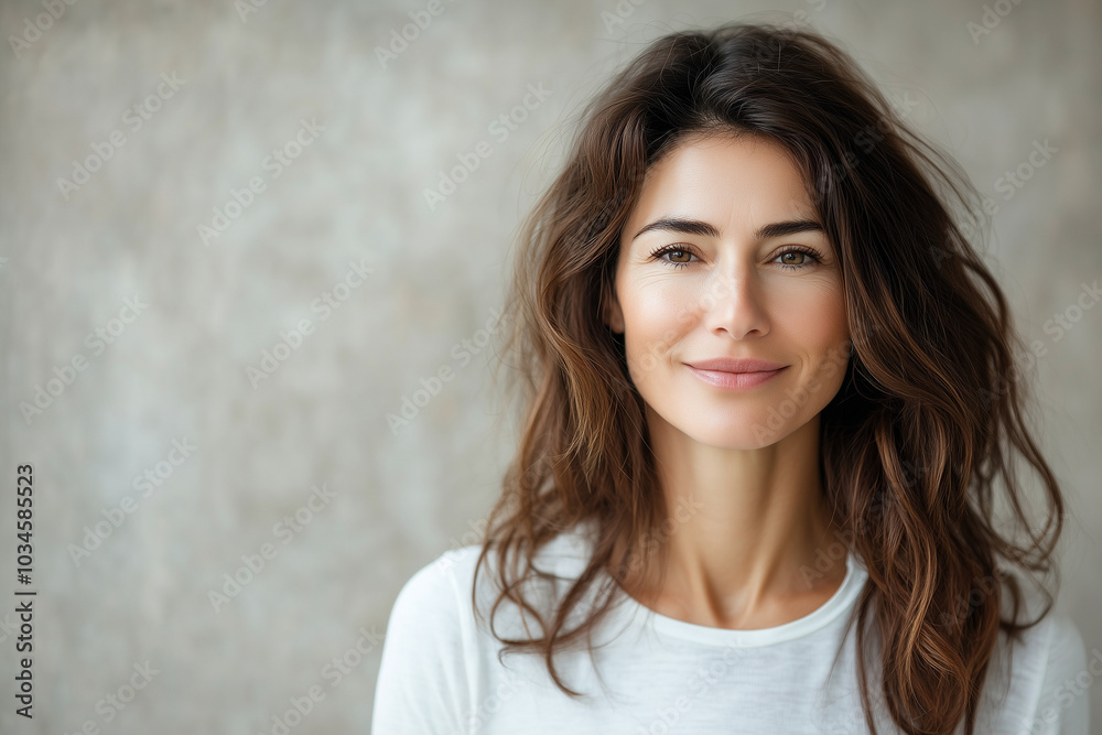 Beautiful middle age natural woman with perfect skin on neutral background with space for text, skincare concept Beautiful middle age natural woman with perfect skin on neutral background with space for text, skincare concept