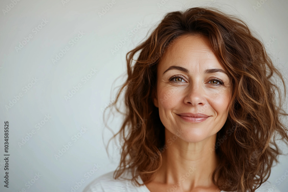 Beautiful middle age natural woman with perfect skin on neutral background with space for text, skincare concept Beautiful middle age natural woman with perfect skin on neutral background with space for text, skincare concept