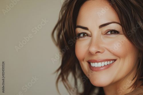 Beautiful middle age natural woman with perfect skin on neutral background with space for text, skincare concept