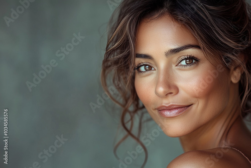 Beautiful middle age natural woman with perfect skin on neutral background with space for text, skincare concept