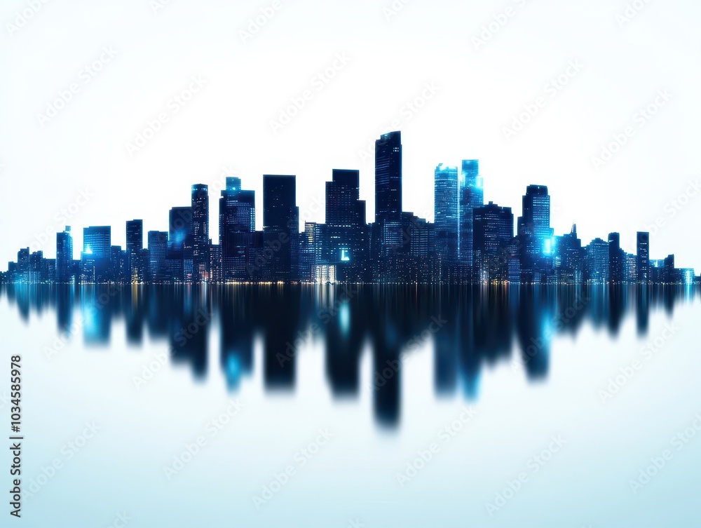 Obraz premium Modern skyline silhouette with mirrored reflection, blue tones, urban landscape, futuristic design.