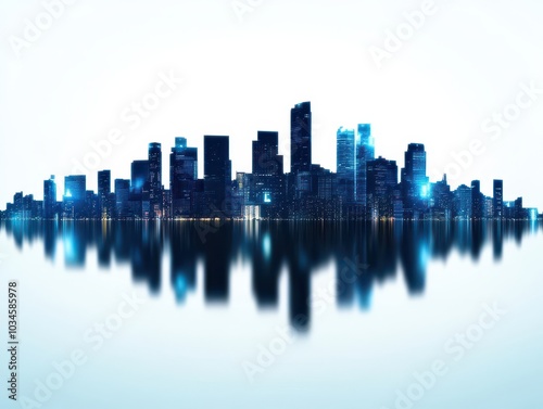 Modern skyline silhouette with mirrored reflection, blue tones, urban landscape, futuristic design.