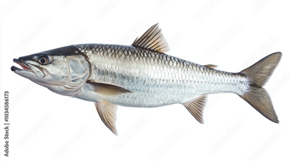 Atlantic Tarpon displays its distinctive silvery scales and elongated body showcasing its elegance and strength in a vibrant aquatic environment. Atlantic Tarpon displays its distinctive silvery scales and elongated body showcasing its elegance and strength in a vibrant aquatic environment.