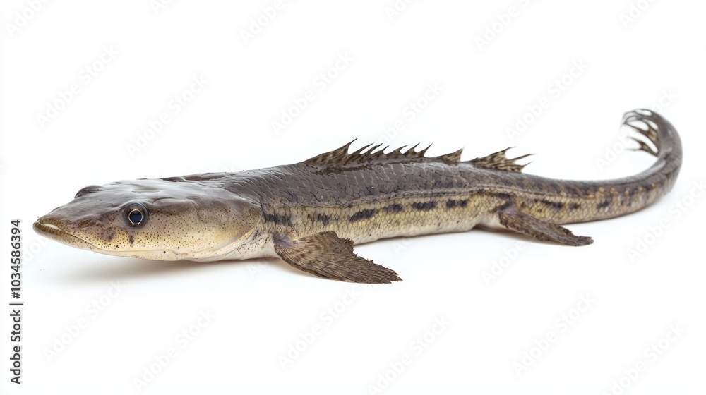 Bichir a fascinating fish species in the Polypteridae family showcases its elongated body and distinctive fins on a pure white backdrop.