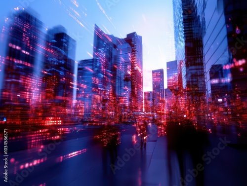 Dynamic cityscape at dusk with illuminated skyscrapers and abstract movement effects.