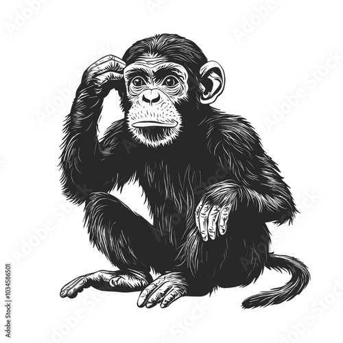 Realistic black and white vector illustration of a thoughtful chimpanzee scratching its head. Ideal for wildlife, nature, and jungle-themed designs or educational artwork.  photo