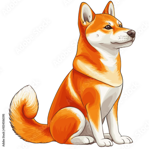 Realistic vector illustration of a Shiba Inu dog sitting, displaying its vibrant orange and white fur and alert posture. Perfect for pet lovers, breed illustrations, and animal designs.