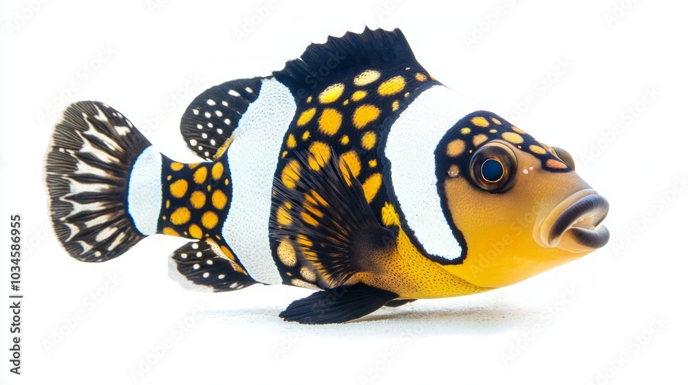 Clown Triggerfish glides gracefully with its striking coloration and unique patterns vividly displayed against a pristine white backdrop. Clown Triggerfish glides gracefully with its striking coloration and unique patterns vividly displayed against a pristine white backdrop.