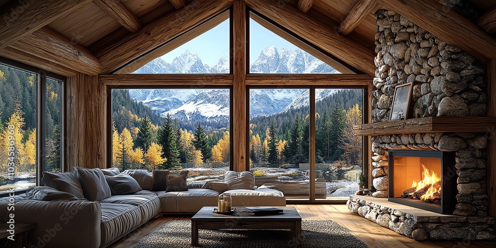 Cozy living room with a fireplace and large windows overlooking mountains and autumn forest. Cozy living room with a fireplace and large windows overlooking mountains and autumn forest.