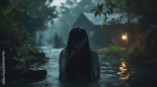 A spine-chilling ghost with long, black hair covering her face, her body floating effortlessly above a dark river, illuminated only by the faint glow of a distant lantern.