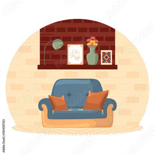 Cozy living room with blue sofa and fireplace decor, Vector