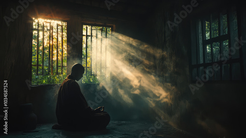 The spectral figure of a monk, meditating in the darkened sanctuary of a haunted temple, the sound of eerie whispers filling the air as shadows creep along the walls.