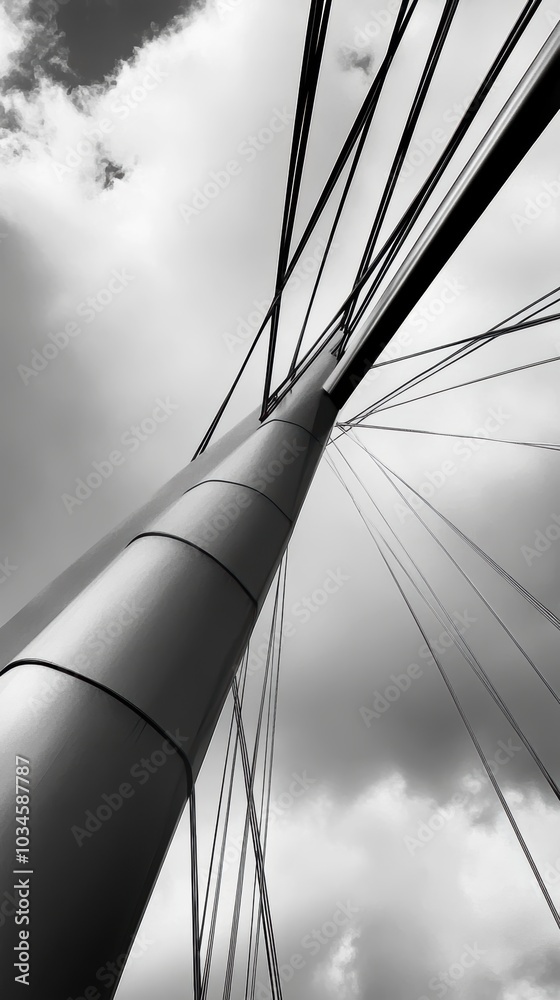 Obraz premium Modern bridge pylon piercing dramatic cloudy sky in black and white