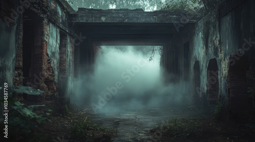 A dark, abandoned building with a foggy, eerie atmosphere