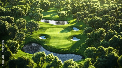 High-angle view of a golf ball soaring toward the pin, the landscape dotted with bunkers and water hazards photo