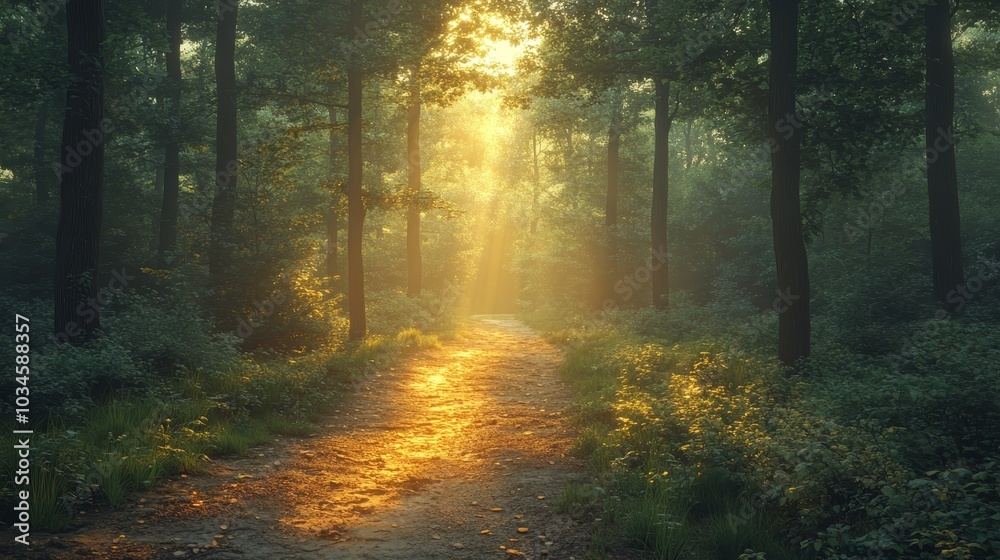 Fototapeta premium A winding forest path bathed in golden sunlight, symbolizing the journey to personal wellness and success