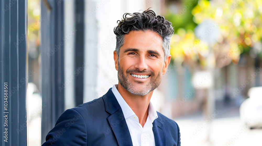 Stylish Businessman Smiling Outside Building Stylish Businessman Smiling Outside Building