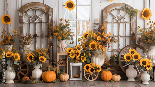 Rustic Autumn Harvest Display with Sunflowers and Pumpkins