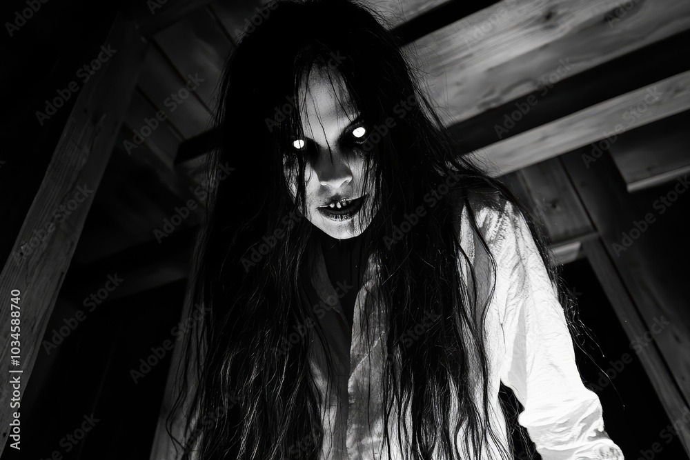 Scary woman or girl in a white dress with glowing eyes. Halloween and horror concept. Daemon, ghost, murder, fear, scream and thriller scene. Scary woman or girl in a white dress with glowing eyes. Halloween and horror concept. Daemon, ghost, murder, fear, scream and thriller scene.