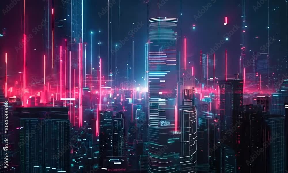 Futuristic cyberpunk city skyline with glowing neon lights.