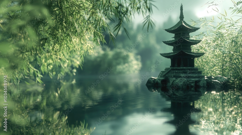 Naklejka premium Serene Reflection of a Traditional Pagoda in Nature