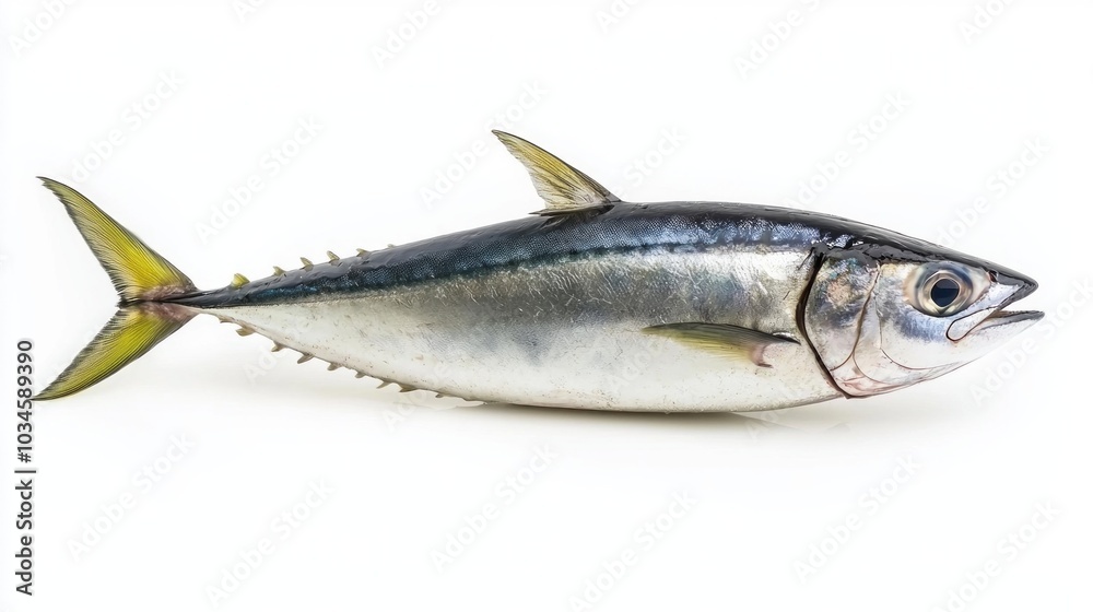 Atlantic Bonito Sarda sarda displays its streamlined body and striking coloration. The fish is shown against a white background highlighting its physical features and anatomy. Atlantic Bonito Sarda sarda displays its streamlined body and striking coloration. The fish is shown against a white background highlighting its physical features and anatomy.