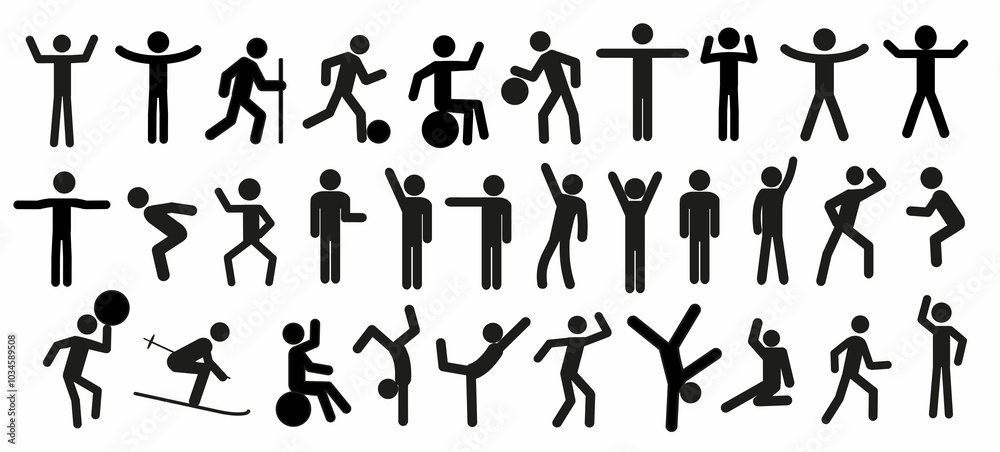 a set of pictograms of human figures in different poses, a stick man in various positions, playing sports. healthy lifestyle