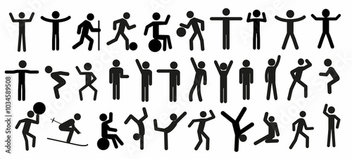 a set of pictograms of human figures in different poses, a stick man in various positions, playing sports. healthy lifestyle