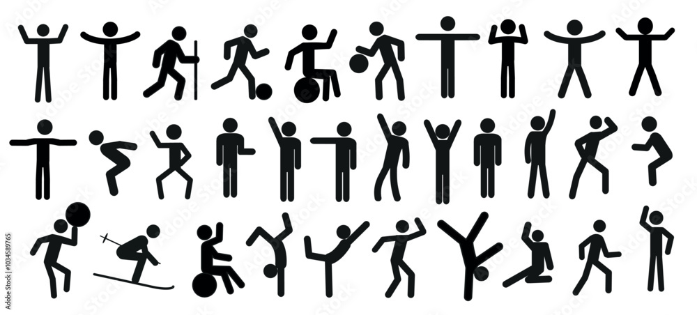 a set of pictograms of human figures in different poses, a stick man in various positions, playing sports. healthy lifestyle a set of pictograms of human figures in different poses, a stick man in various positions, playing sports. healthy lifestyle